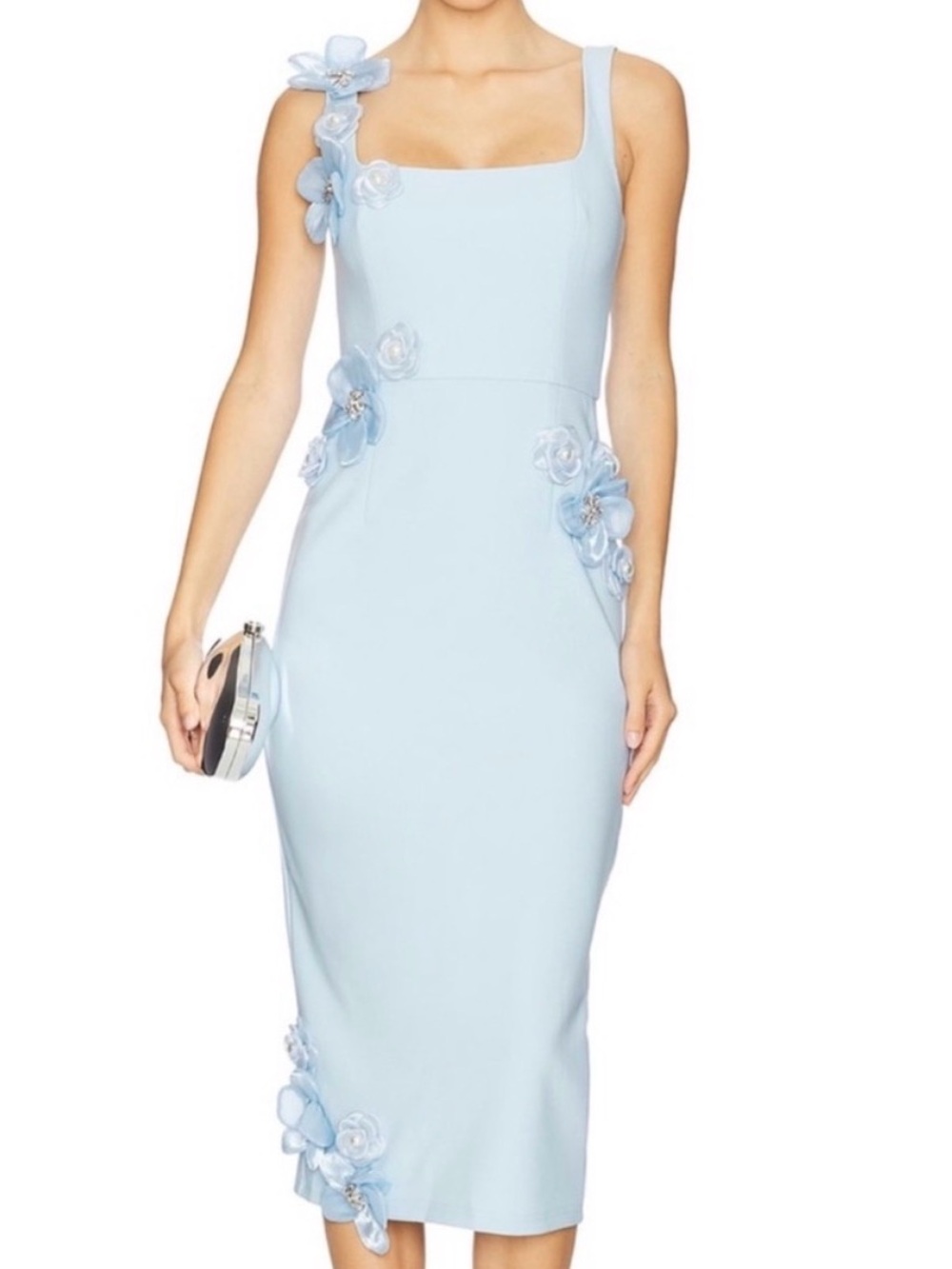 Elegant Light Blue Floral Appliqué Midi Dress